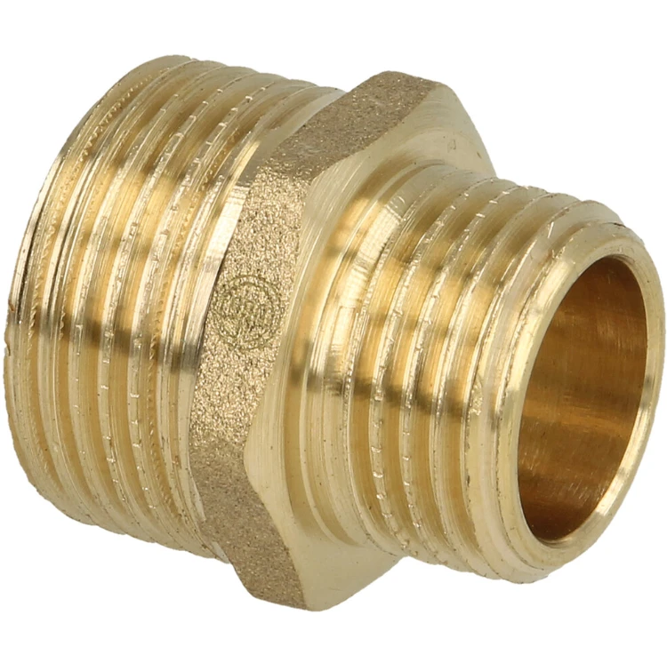 Dubbele nippel verloop 3/4" Bu x 1/2" Bu met 6-kant - blank messing