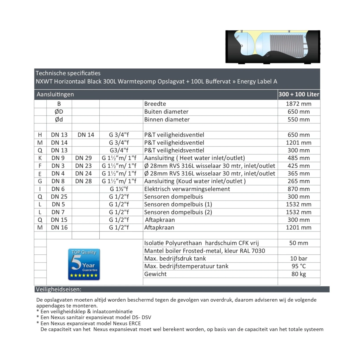 RVS Black series combi boiler horizontaal NXWT 300L + 100L buffer - Afbeelding 6