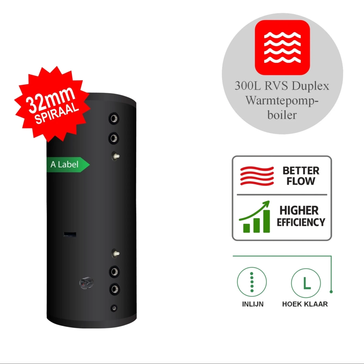 RVS Black Inline boiler - 1 XL 32mm warmtewisselaar - 300L