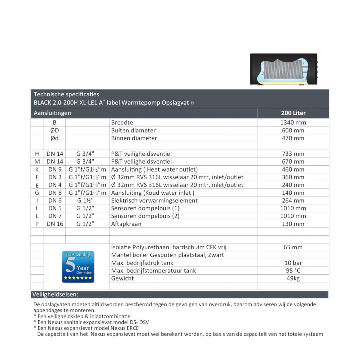 RVS Black 2.0 A+ boiler - 1 XL 32mm warmtewisselaar - horizontaal - 200L - Afbeelding 5