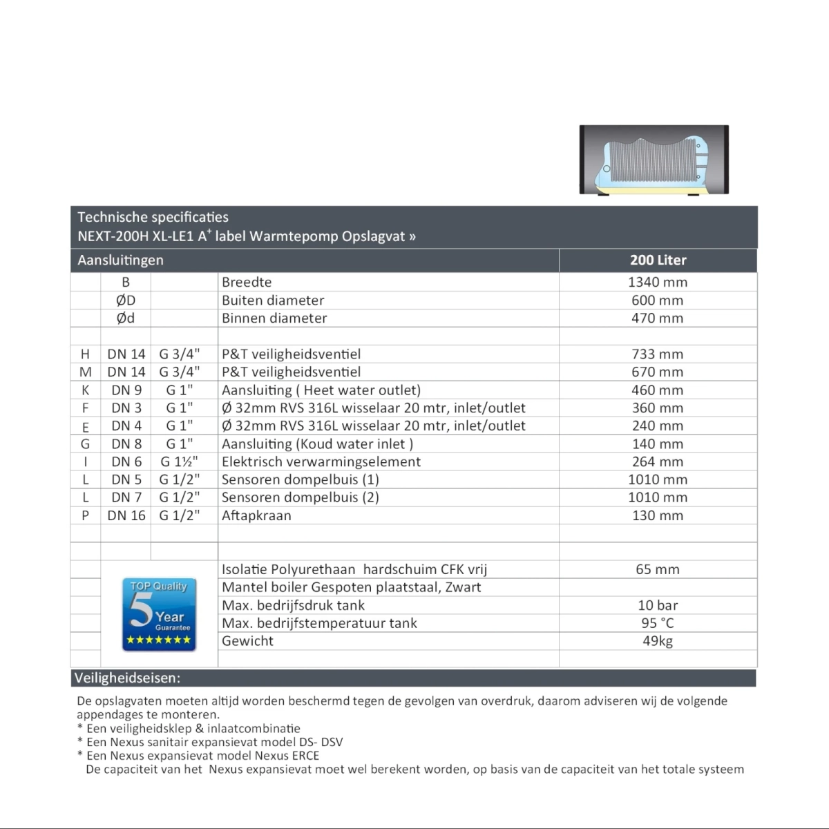 RVS boiler horizontaal - 200L - 1 XL 32mm warmtewisselaar - A+ - Afbeelding 5