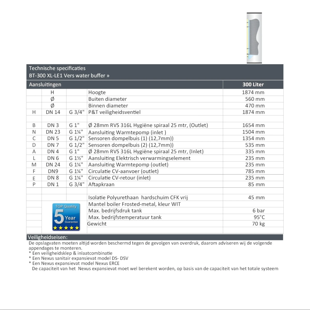 RVS boiler BT-300 XL-LE1 - 300L - 1 XXL 28mm warmtewisselaar - Afbeelding 7