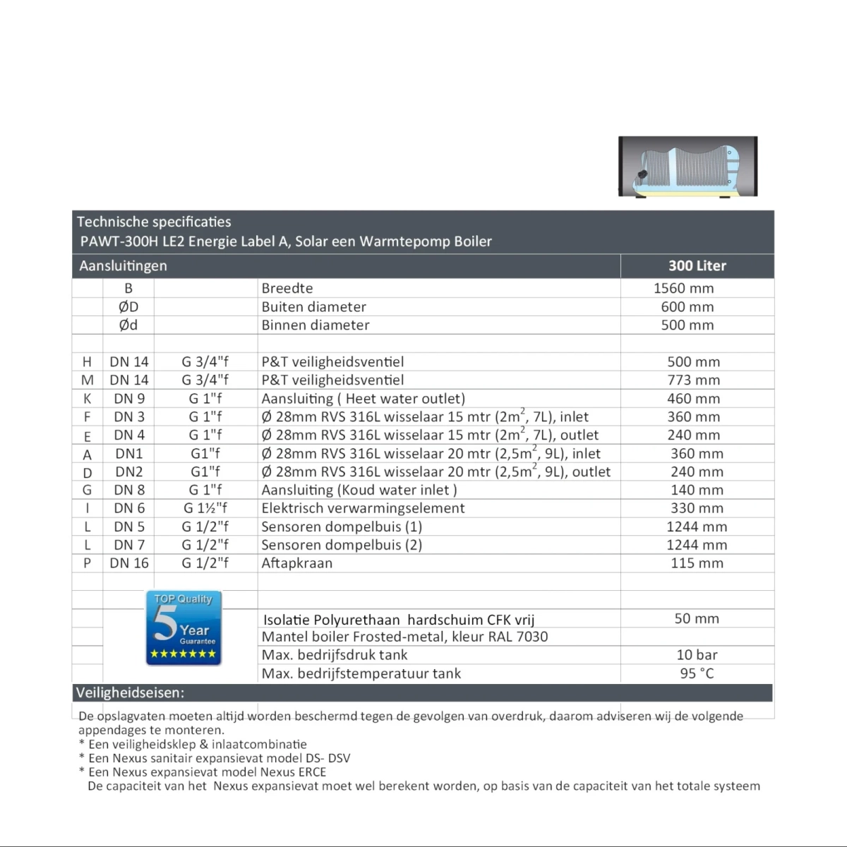 RVS boiler horizontaal - 300L - 2 XL 28mm warmtewisselaars - Afbeelding 6