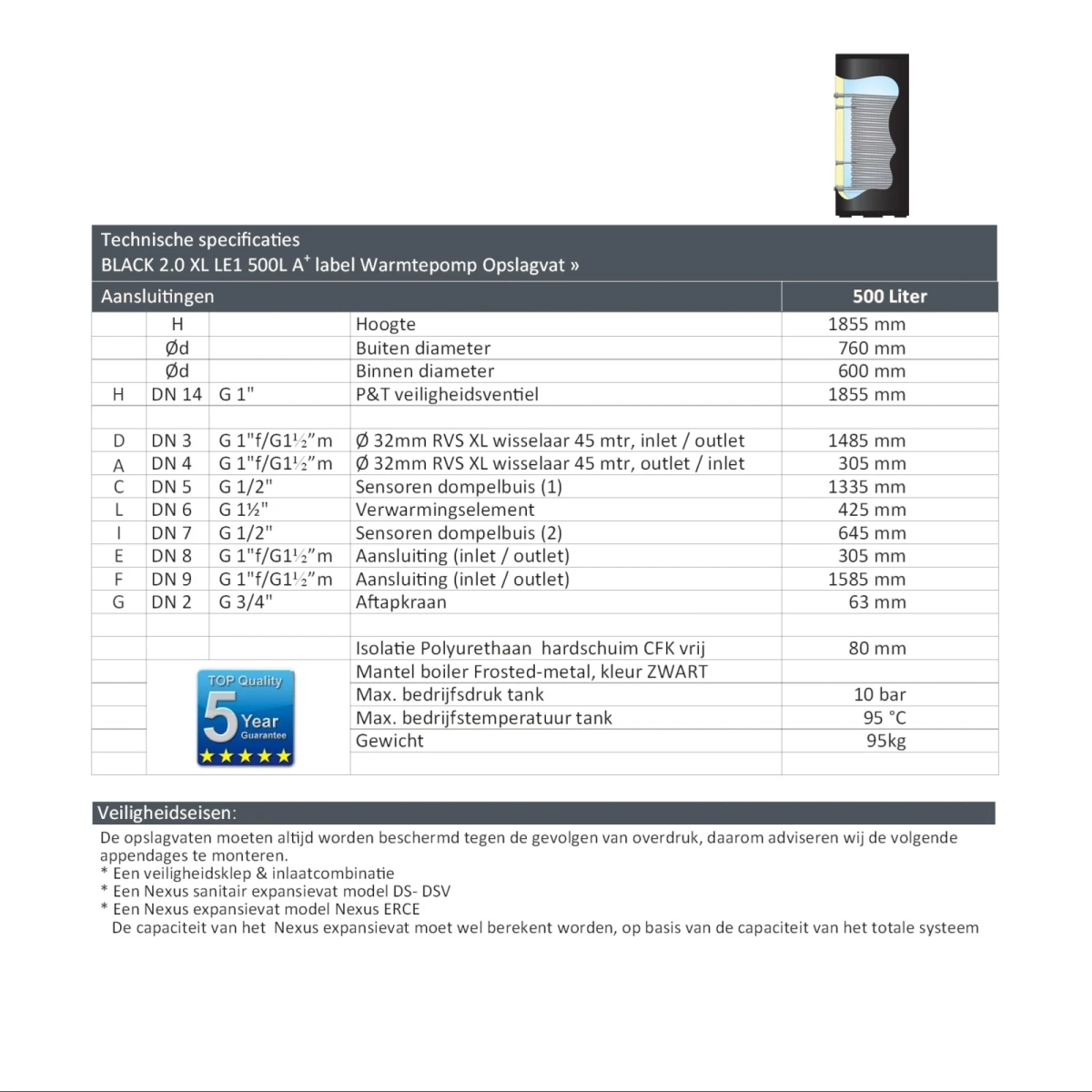 RVS Black 2.0 series A+ boiler - 1 XL 32mm warmtewisselaar - 500L - Afbeelding 6