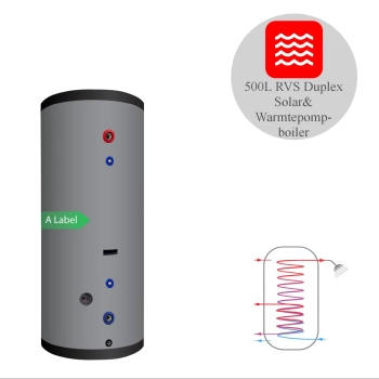 RVS boiler - 500L - 2 XL (22mm en 28mm) warmtewisselaars