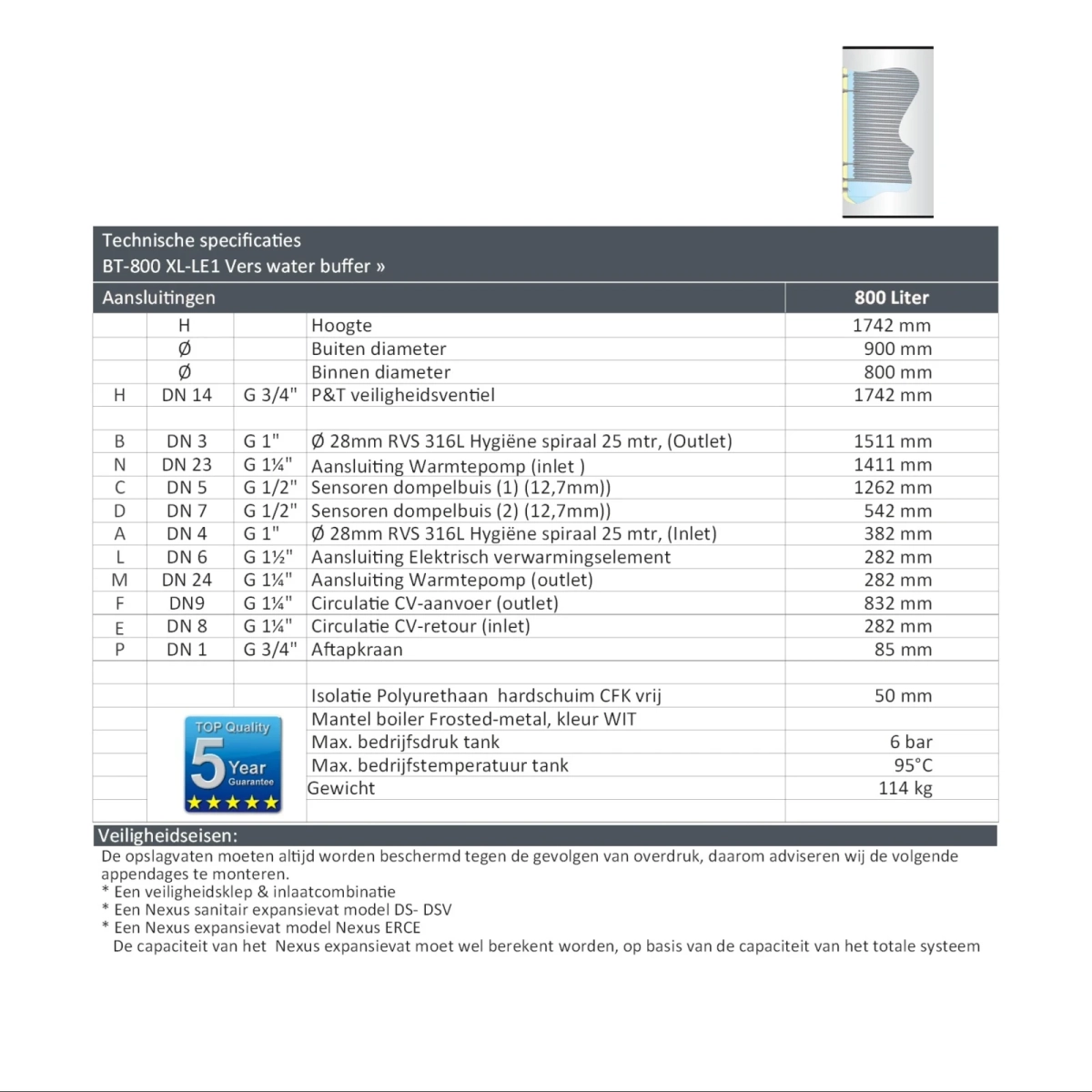 RVS boiler BT-800 XL-LE1 - 800L - 1 XXL 28mm warmtewisselaar - Afbeelding 6