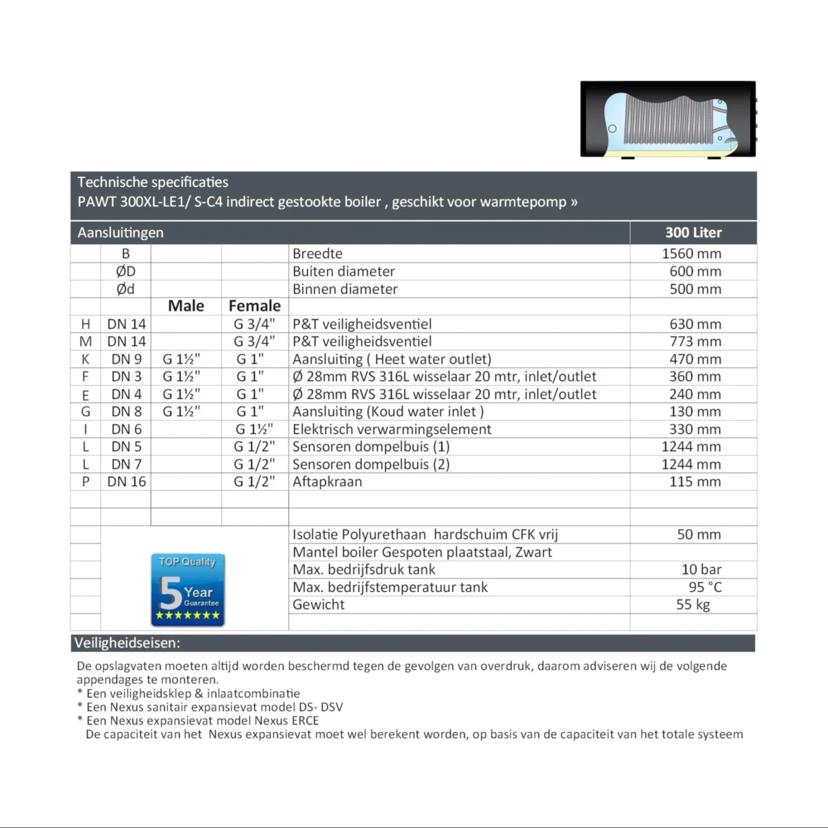 RVS Black series boiler horizontaal 300H XL-LE1 - 300L - Afbeelding 4
