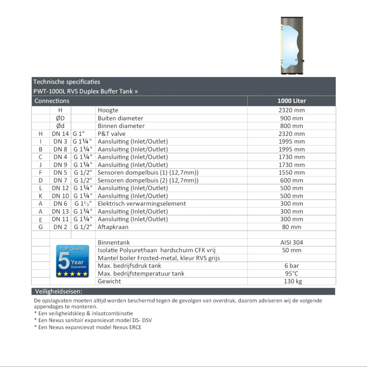 DUPLEX RVS buffervat PWT-1000 - 1000L - Afbeelding 7