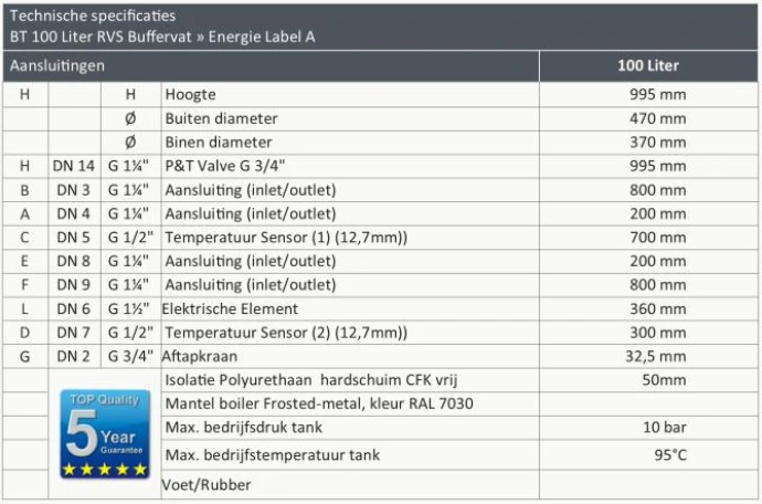 RVS Anti Pendel Buffertank BT-100 - 100L - Afbeelding 4